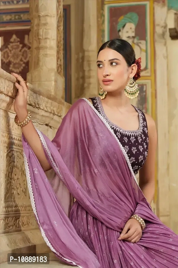 Stylish Purple Chinnon Silk Embroidered Lehenga Choli Set With Dupatta For Women - 2XL