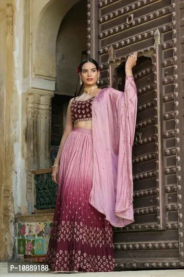 Stylish Brown Chinnon Silk Embroidered Lehenga Choli Set With Dupatta For Women - S