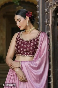 Stylish Brown Chinnon Silk Embroidered Lehenga Choli Set With Dupatta For Women - S
