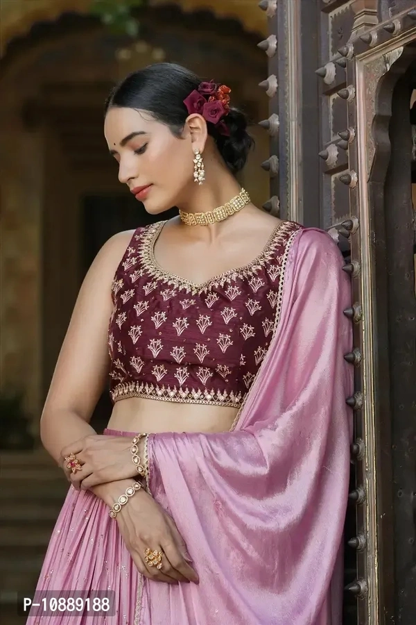 Stylish Brown Chinnon Silk Embroidered Lehenga Choli Set With Dupatta For Women - S