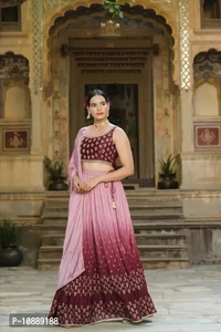 Stylish Brown Chinnon Silk Embroidered Lehenga Choli Set With Dupatta For Women - S