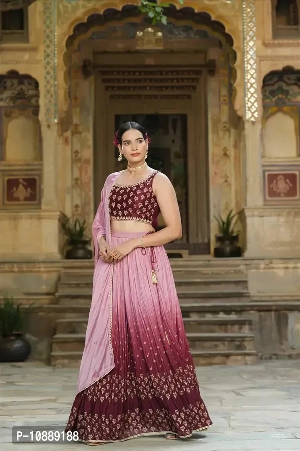 Stylish Brown Chinnon Silk Embroidered Lehenga Choli Set With Dupatta For Women - S