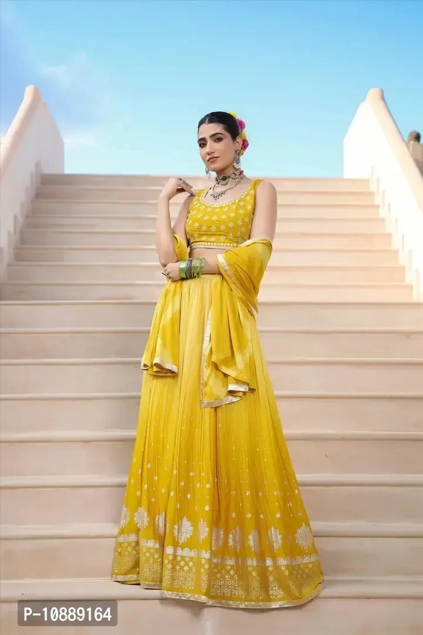 Stylish Yellow Chinnon Silk Embroidered Lehenga Choli Set With Dupatta For Women - M