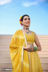 Stylish Yellow Chinnon Silk Embroidered Lehenga Choli Set With Dupatta For Women - M