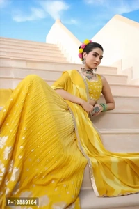 Stylish Yellow Chinnon Silk Embroidered Lehenga Choli Set With Dupatta For Women - M