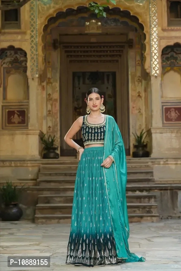 Stylish Green Chinnon Silk Embroidered Lehenga Choli Set With Dupatta For Women - L