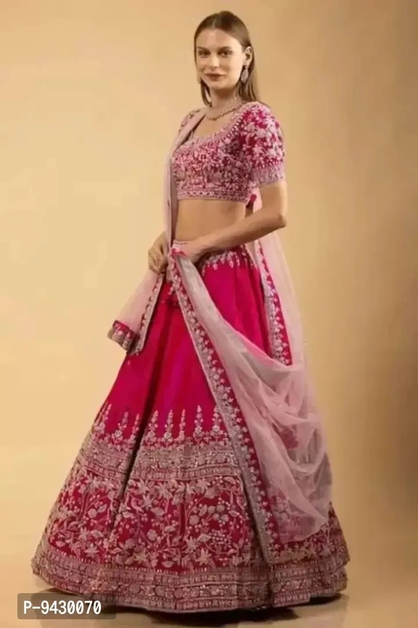 Womens Soft Malai Satin Embroidered Semi Stitched Lehenga Choli Dupatta Set