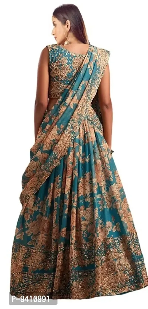 Trendy Teal Blue Georgette Lehenga Choli With Dupatta Set For Women