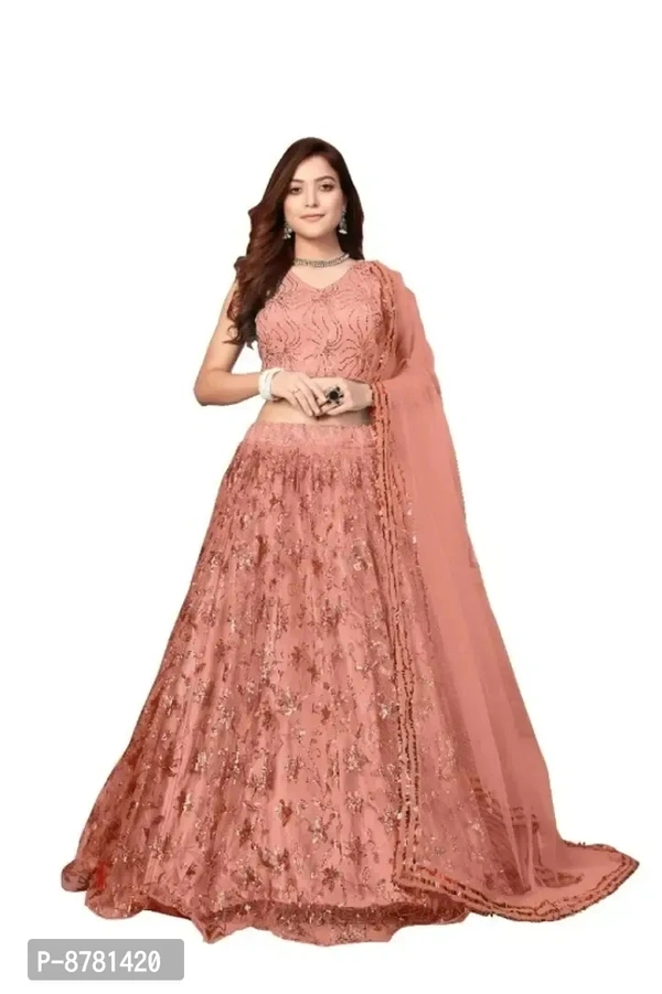 Stylish Peach Net Embroidered Semi Stitched Lehenga Choli with Dupatta For Women