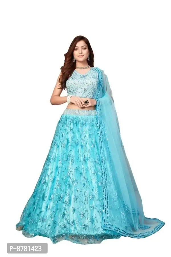 Stylish Turquoise Net Embroidered Semi Stitched Lehenga Choli with Dupatta For Women