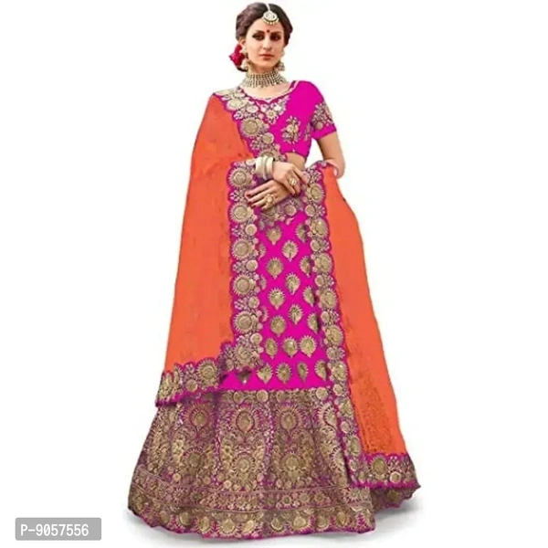 Women's Satin Embroidered Semi Stitched Lehenga Choli (PINK)