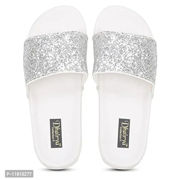 Ladies Latest Stylish Sparkle Flip Flop Slipper (White, numeric_6) - 7