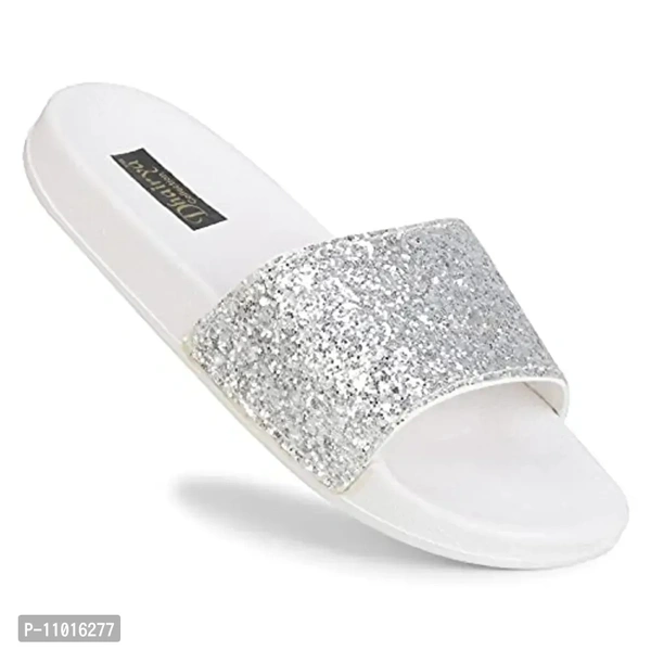 Ladies Latest Stylish Sparkle Flip Flop Slipper (White, numeric_6) - 7