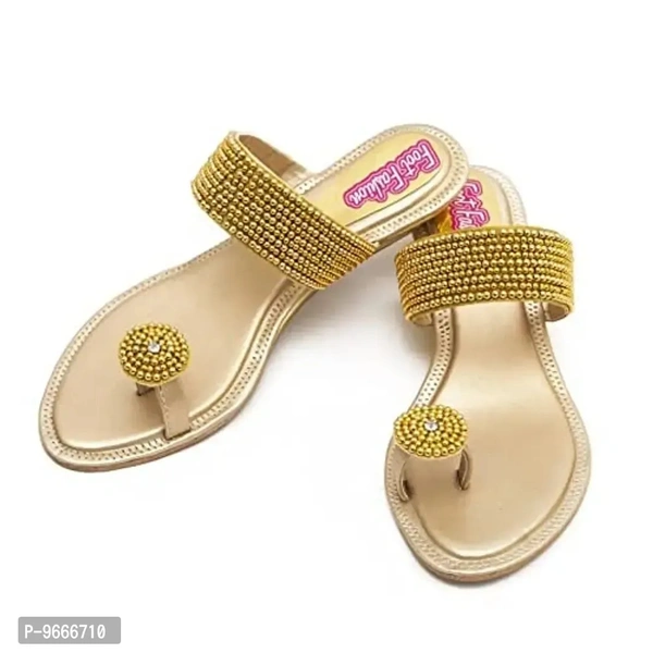 Honey Step Women's Golden Cream Flats Synthetic Leather Sandals - 7 UK - 5