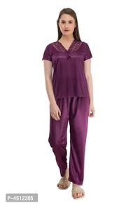 Purple Trendy Women's Satin 4Pcs Night Wear Set
