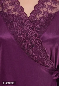 Purple Trendy Women's Satin 4Pcs Night Wear Set