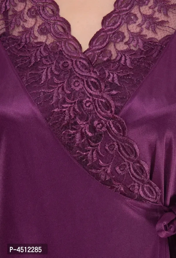 Purple Trendy Women's Satin 4Pcs Night Wear Set