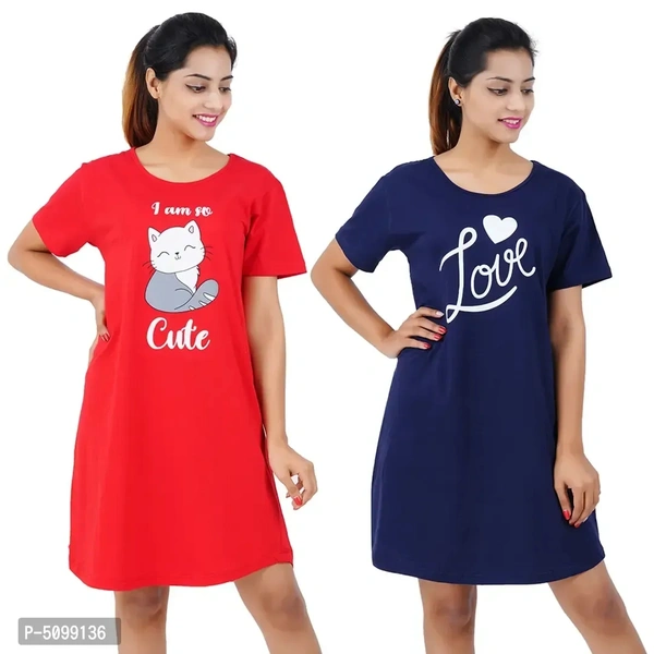 Printed Cotton Short Sleeves I am So Cute Red Love Navy Night Dress For Women ( Combo ) - XL