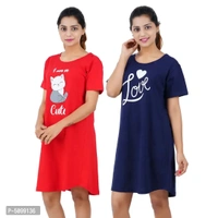 Printed Cotton Short Sleeves I am So Cute Red Love Navy Night Dress For Women ( Combo ) - XL