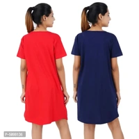 Printed Cotton Short Sleeves I am So Cute Red Love Navy Night Dress For Women ( Combo ) - XL