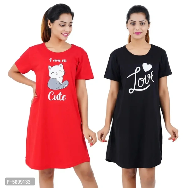 Printed Cotton Short Sleeves I am So Cute Red Love Black Night Dress For Women ( Combo ) - L