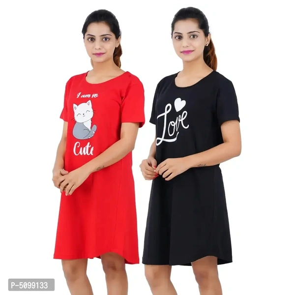 Printed Cotton Short Sleeves I am So Cute Red Love Black Night Dress For Women ( Combo ) - L
