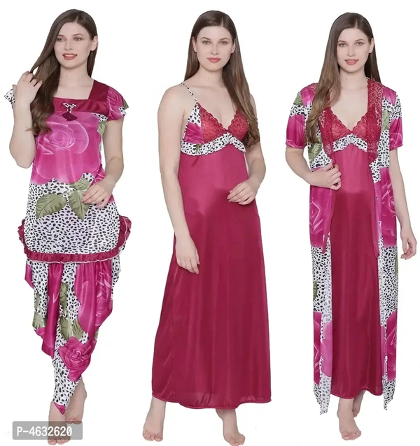 Leopard Print Satin Nighty, Robe, Top Dhoti Set