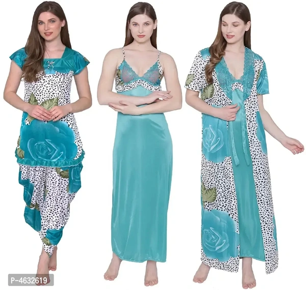 Leopard Print Satin Nighty, Robe, Top Dhoti Set