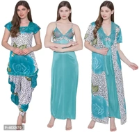 Leopard Print Satin Nighty, Robe, Top Dhoti Set