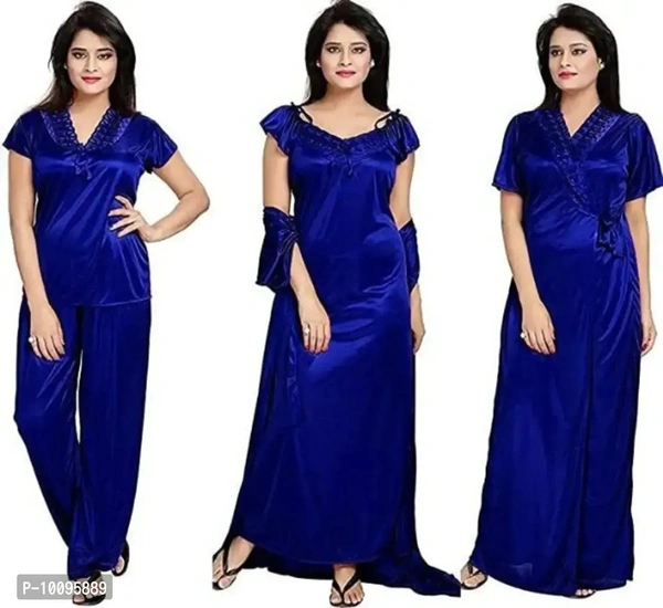 Womens solid Satin nighty set of 4 piece (Blue)