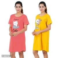 Printed Cotton Short Night Dress For Women 2 Pieces Combo I Am So Cute Tomato Red Be Kind Yellow - L