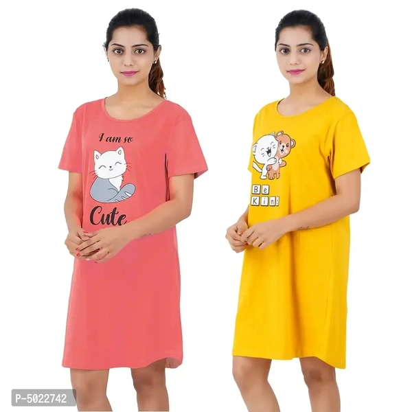 Printed Cotton Short Night Dress For Women 2 Pieces Combo I Am So Cute Tomato Red Be Kind Yellow - L