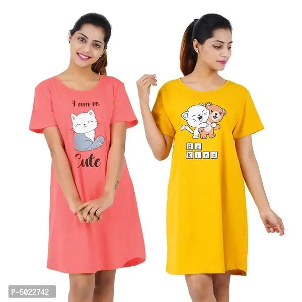 Printed Cotton Short Night Dress For Women 2 Pieces Combo I Am So Cute Tomato Red Be Kind Yellow - XL,