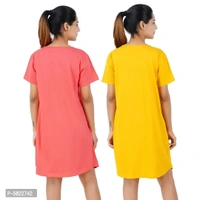 Printed Cotton Short Night Dress For Women 2 Pieces Combo I Am So Cute Tomato Red Be Kind Yellow - XL,