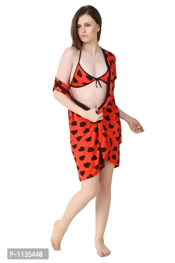 Women's Satin Half Sleeves Rob With Thong Set - M