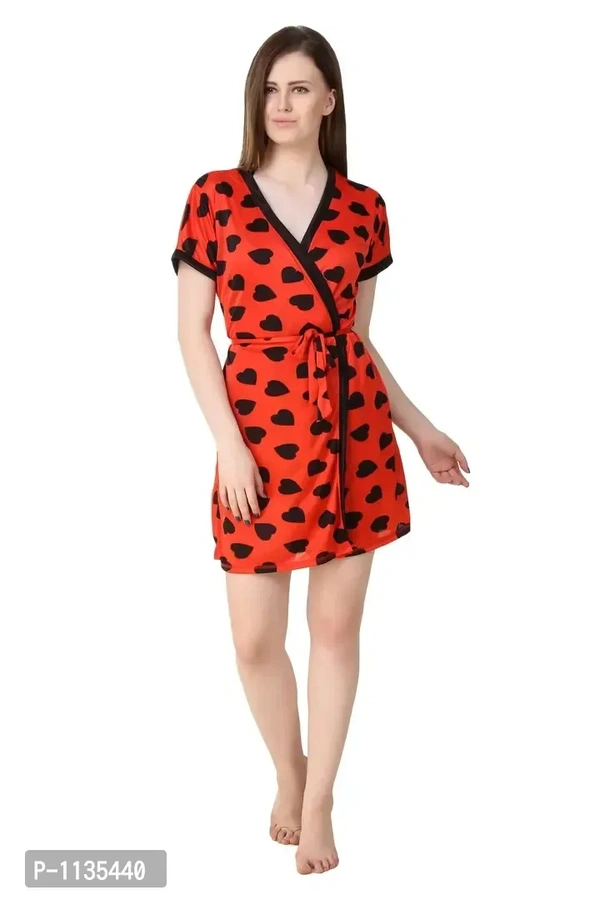 Women's Satin Half Sleeves Rob With Thong Set - M