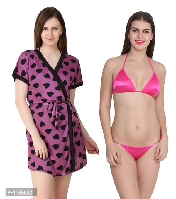 Women's Satin Night Wear With Thong Set - XL