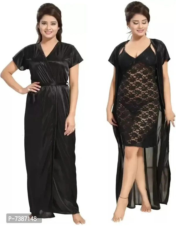 Elegant Satin Net Self Pattern Nighty with Robe Set For Women- 2 Pieces