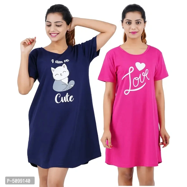 Printed Cotton Short Sleeves I am So Cute Navy Love Rani Pink Night Dress For Women ( Combo ) - L