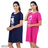Printed Cotton Short Sleeves I am So Cute Navy Love Rani Pink Night Dress For Women ( Combo ) - L