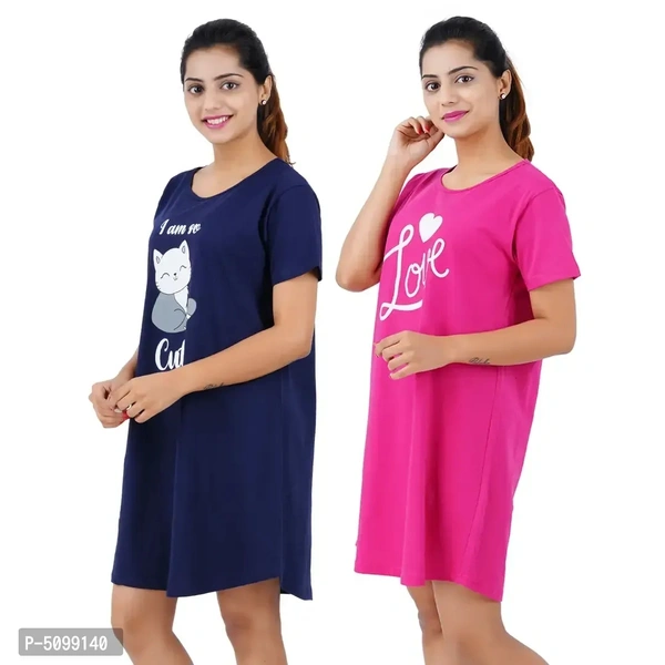 Printed Cotton Short Sleeves I am So Cute Navy Love Rani Pink Night Dress For Women ( Combo ) - L