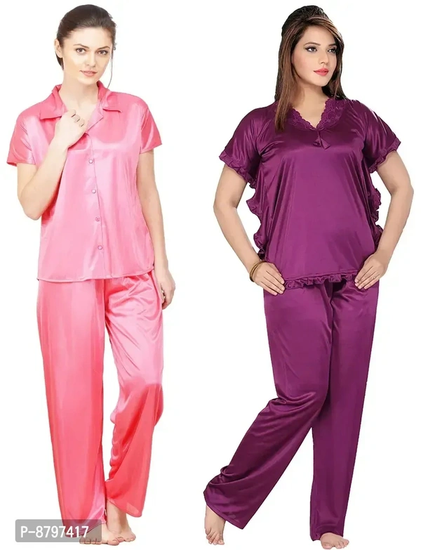 Stylish Solid Satin Top And Pyjama Set For Women Pack Of 2