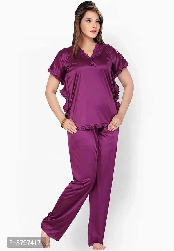 Stylish Solid Satin Top And Pyjama Set For Women Pack Of 2