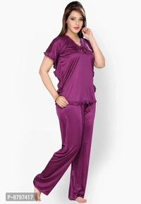 Stylish Solid Satin Top And Pyjama Set For Women Pack Of 2