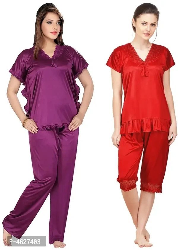 Womens'S Purple Maroon Solid Satin Top Pyjama Set