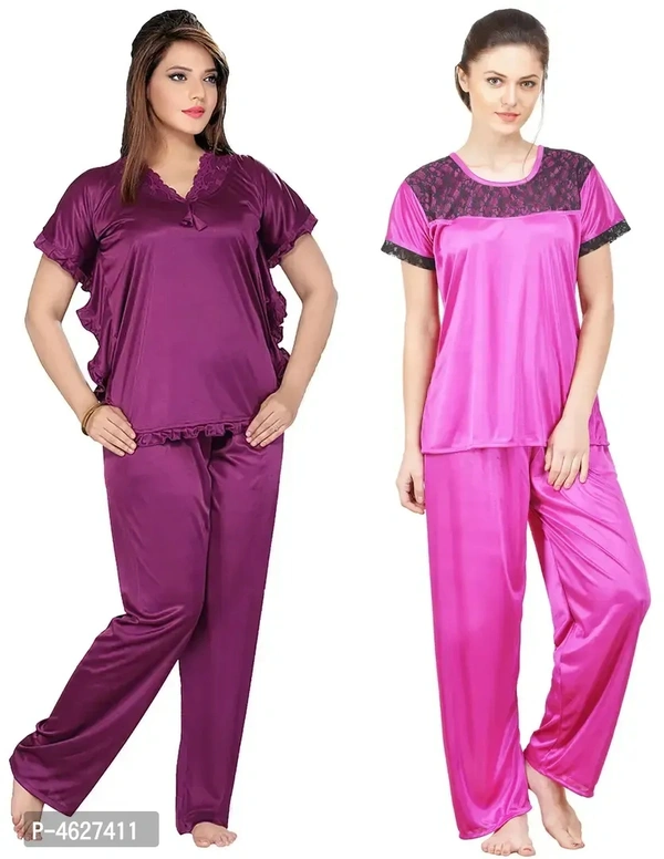 Womens'S Purple Pink Solid Satin Top Pyjama Set