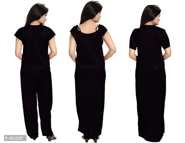 Black Trendy Women's Satin 4Pcs Night Wear Set