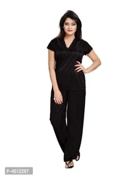 Black Trendy Women's Satin 4Pcs Night Wear Set