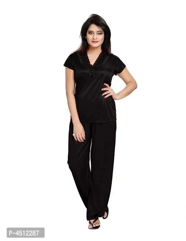 Black Trendy Women's Satin 4Pcs Night Wear Set