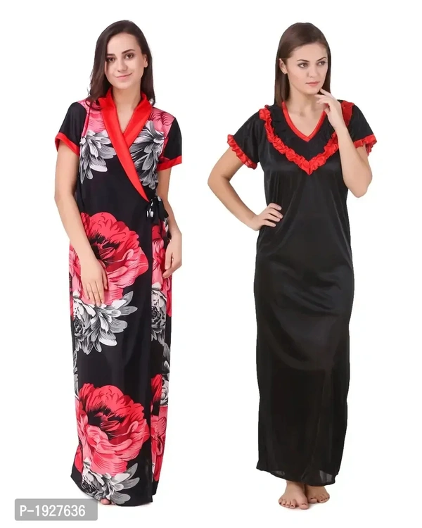 Pack Of 2 Floral Print Satin Robe Gown - XS